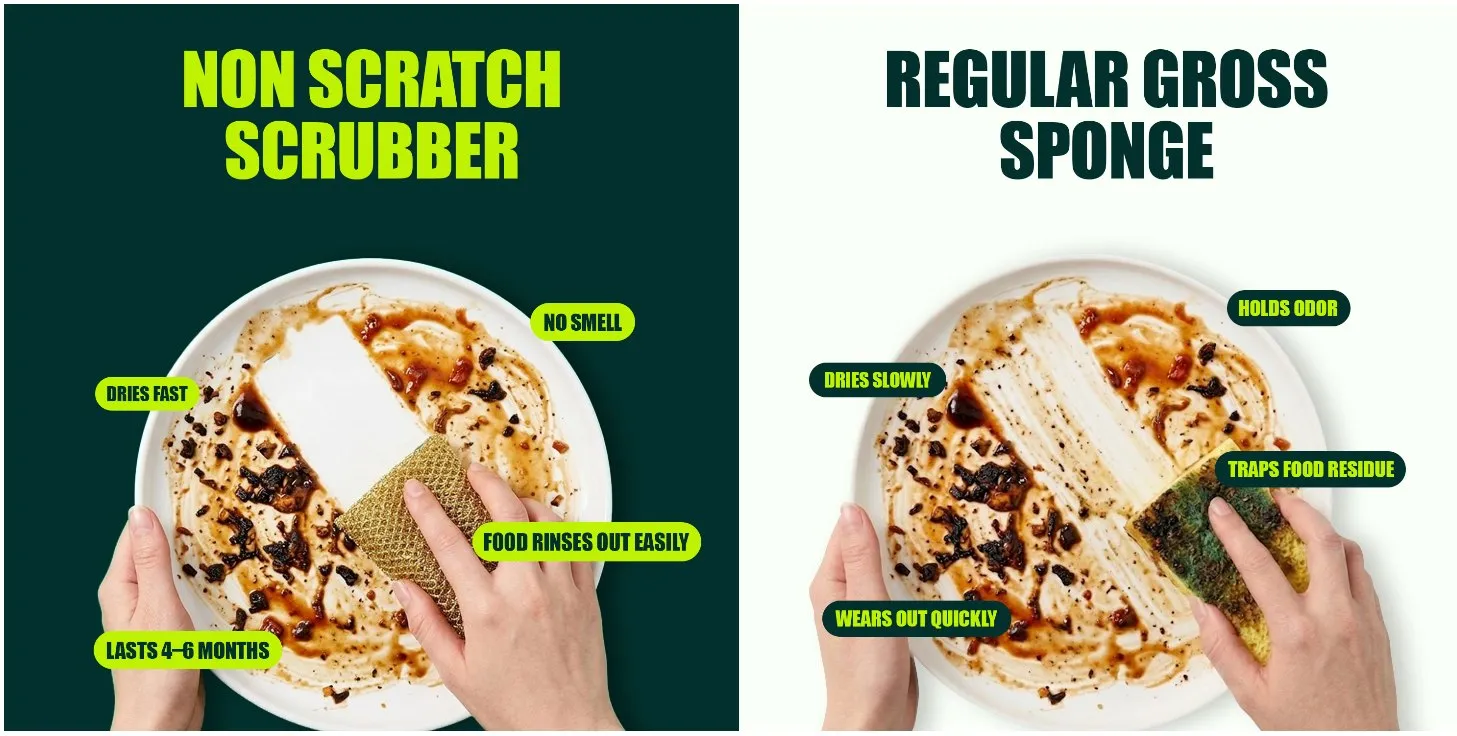 Non-scratch scrubber versus a regular sponge on a dirty plate