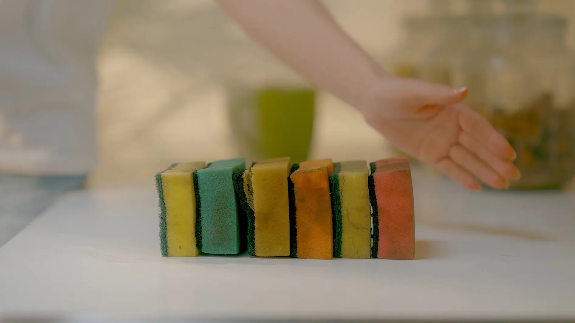 A row of six used sponges on the kitchen counter